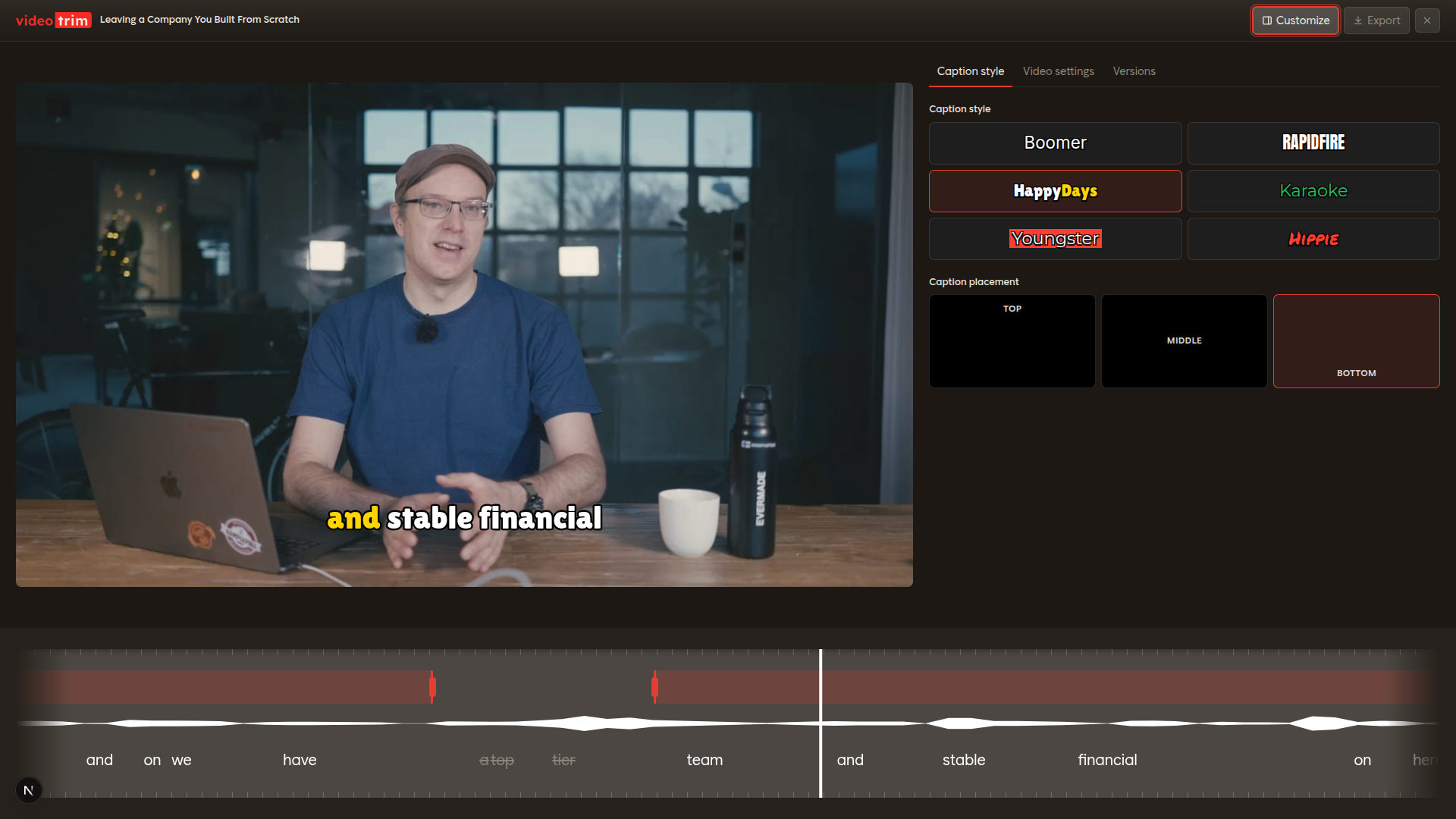 The Videotrim editor — live captions, caption styles, and a transcript-driven timeline
